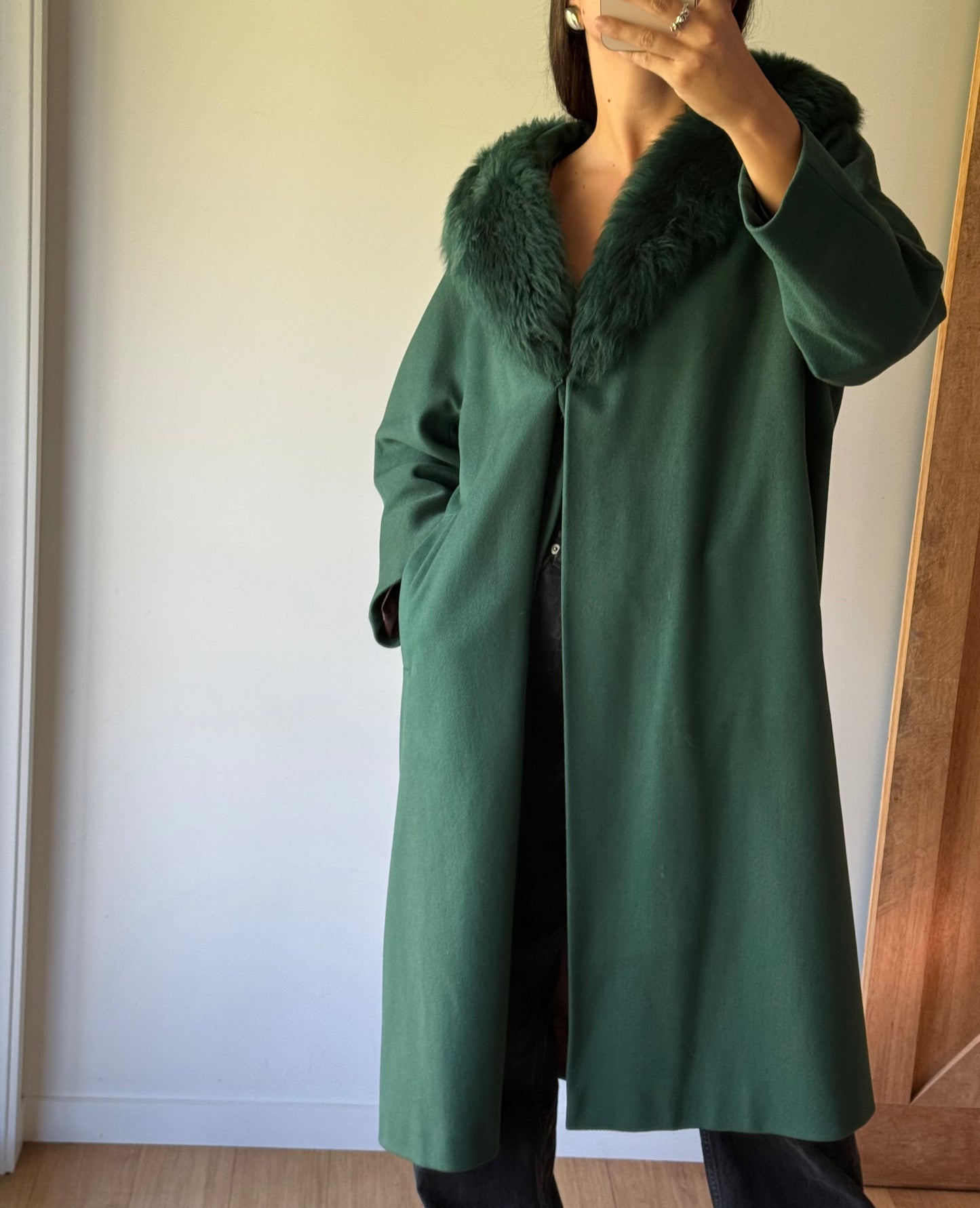 Vintage wool swing coat with faux fur collar