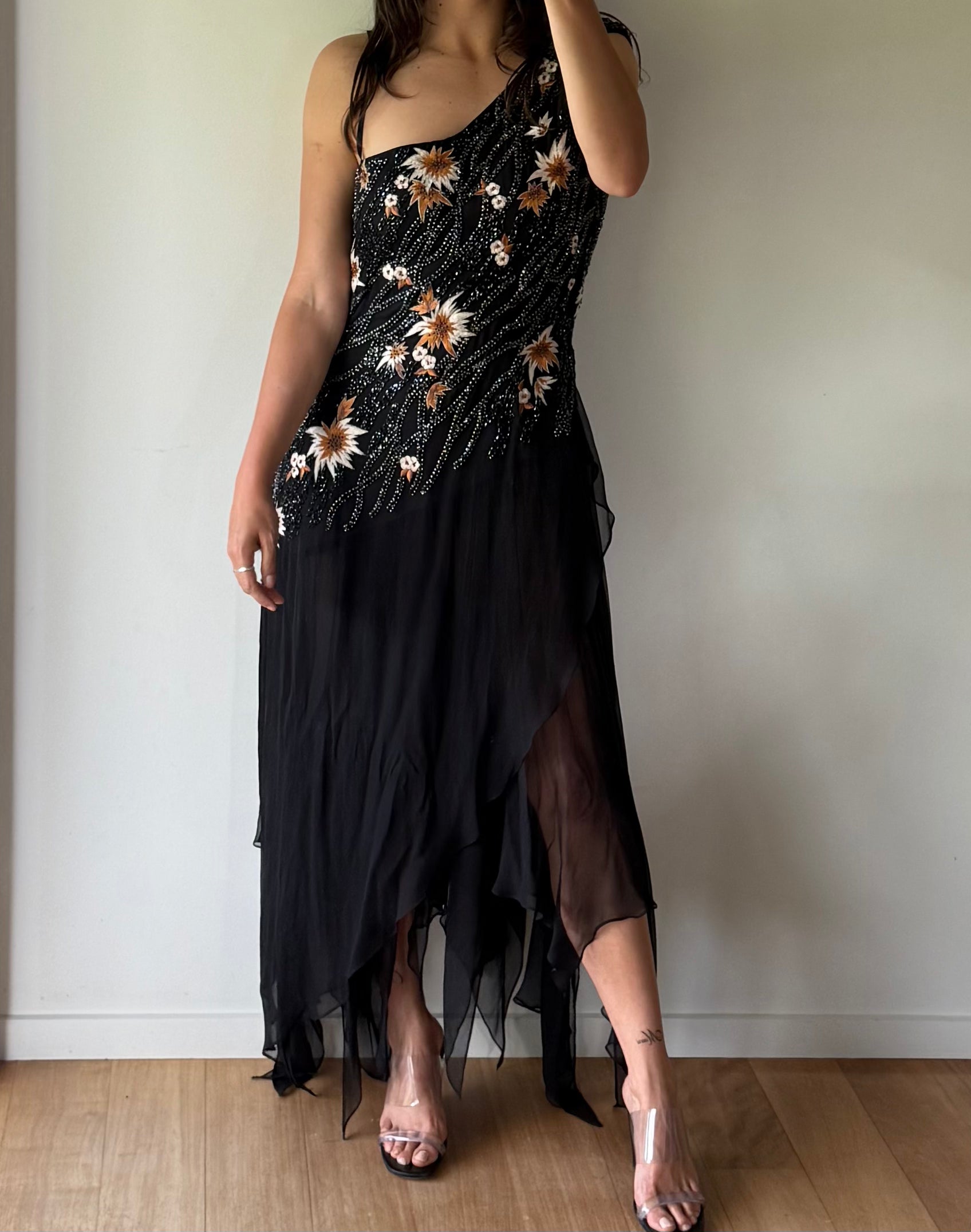 Sequin gown with hanky hem