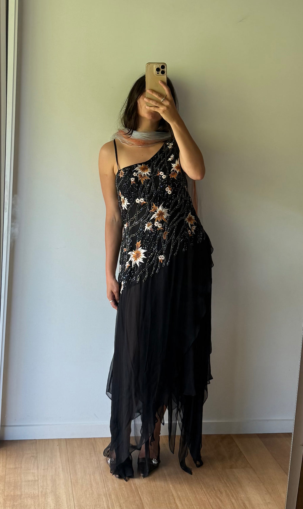 Sequin gown with hanky hem