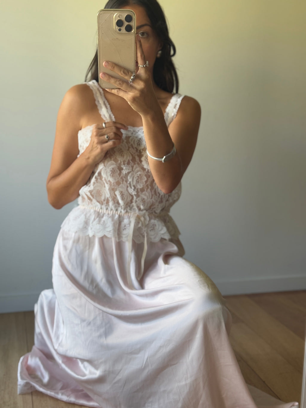 Vintage pink slip with lace detail, made in Aotearoa