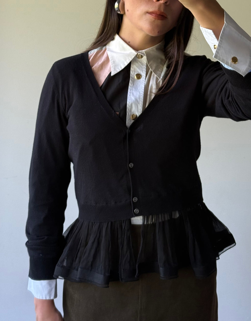 Black cardi with sheer peplum detail