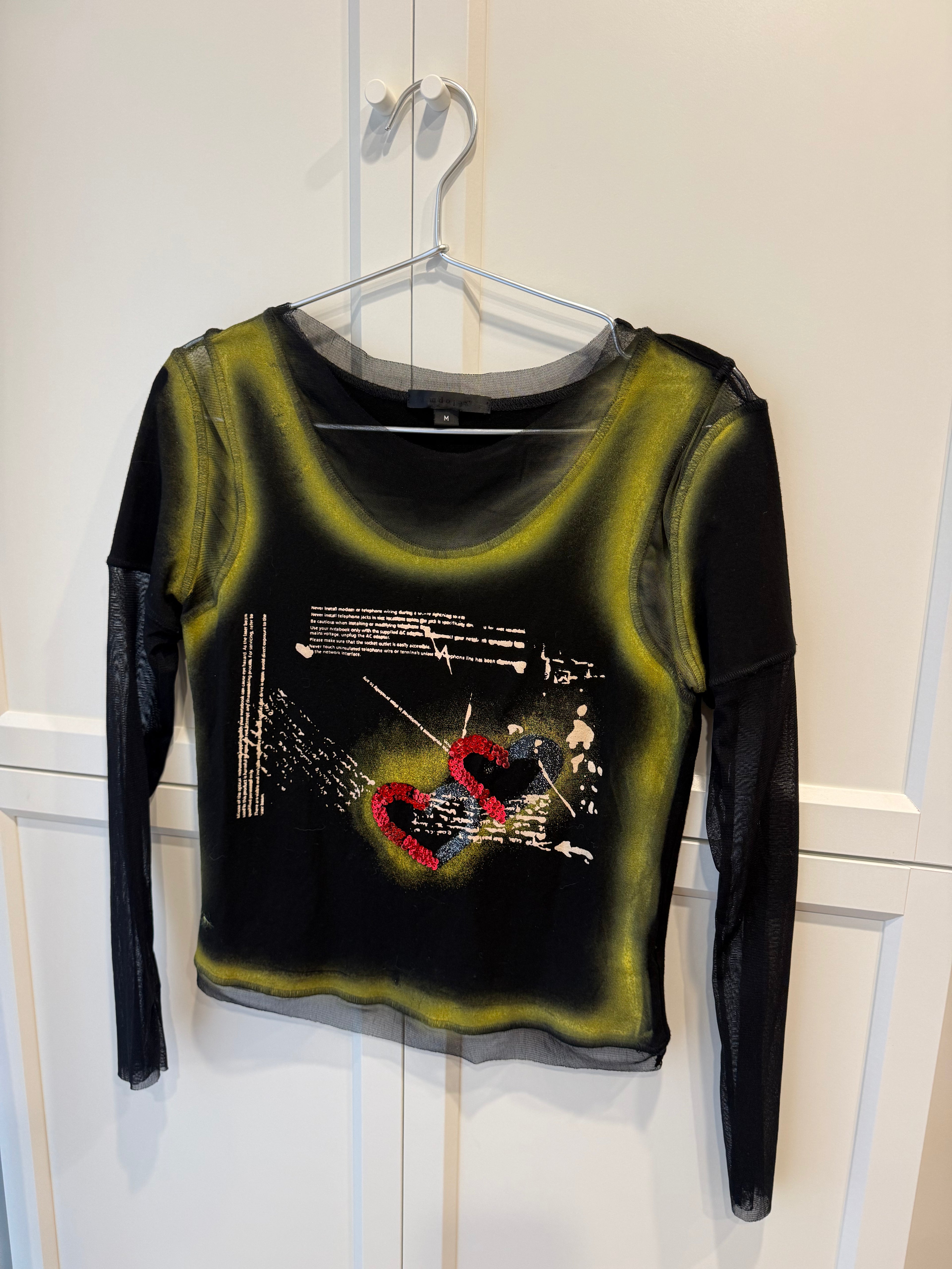 Long sleeve cotton top with mesh sleeves