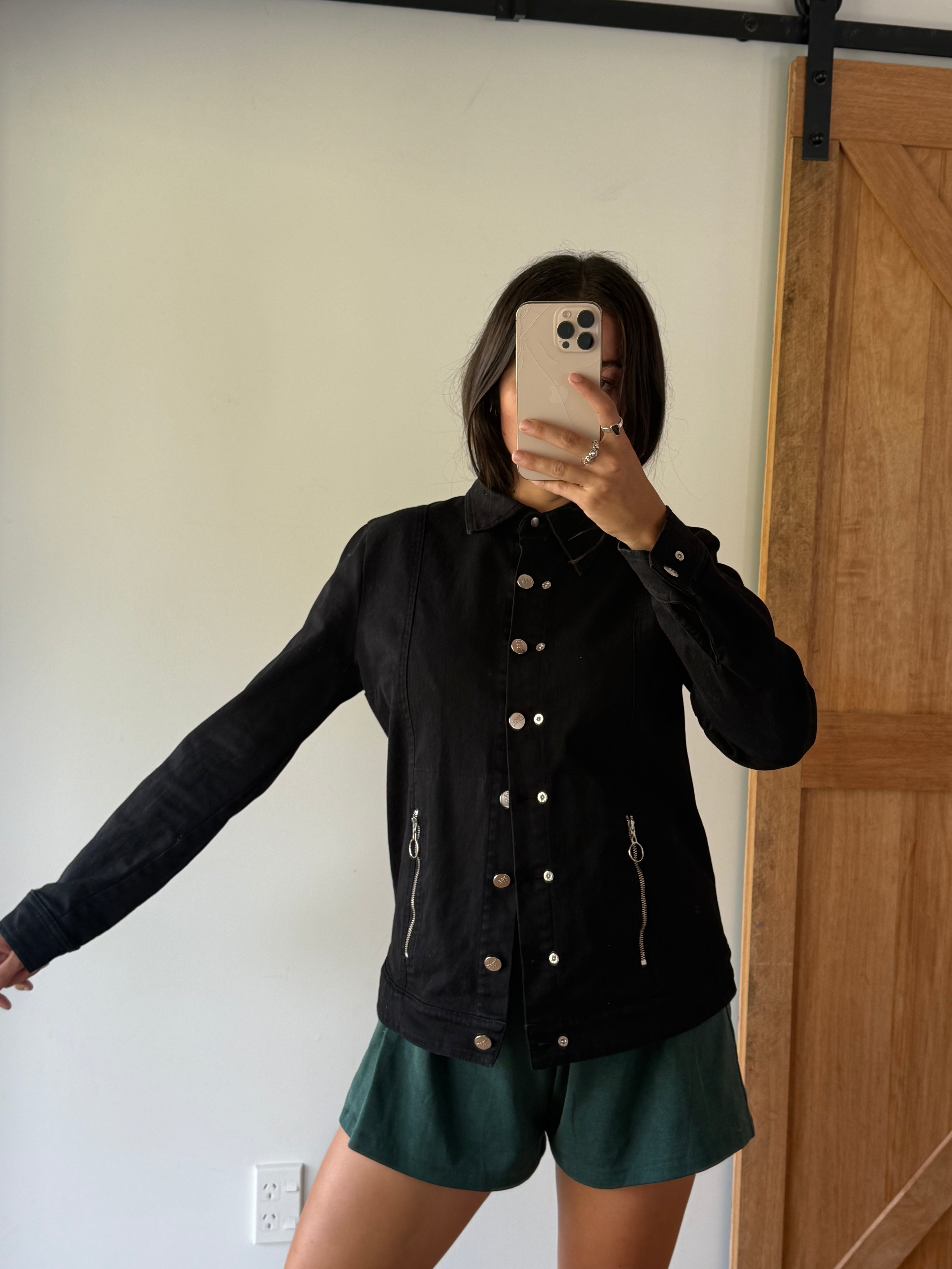Vintage black denim jacket, made in Aotearoa