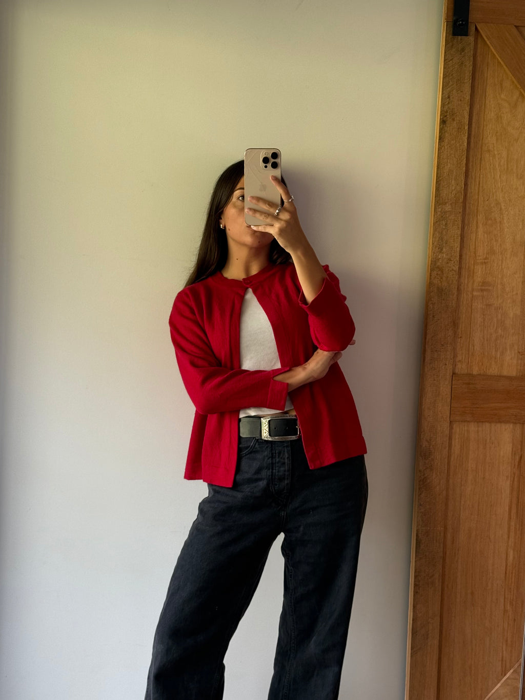 Cute red merino cardy, made in Aotearoa