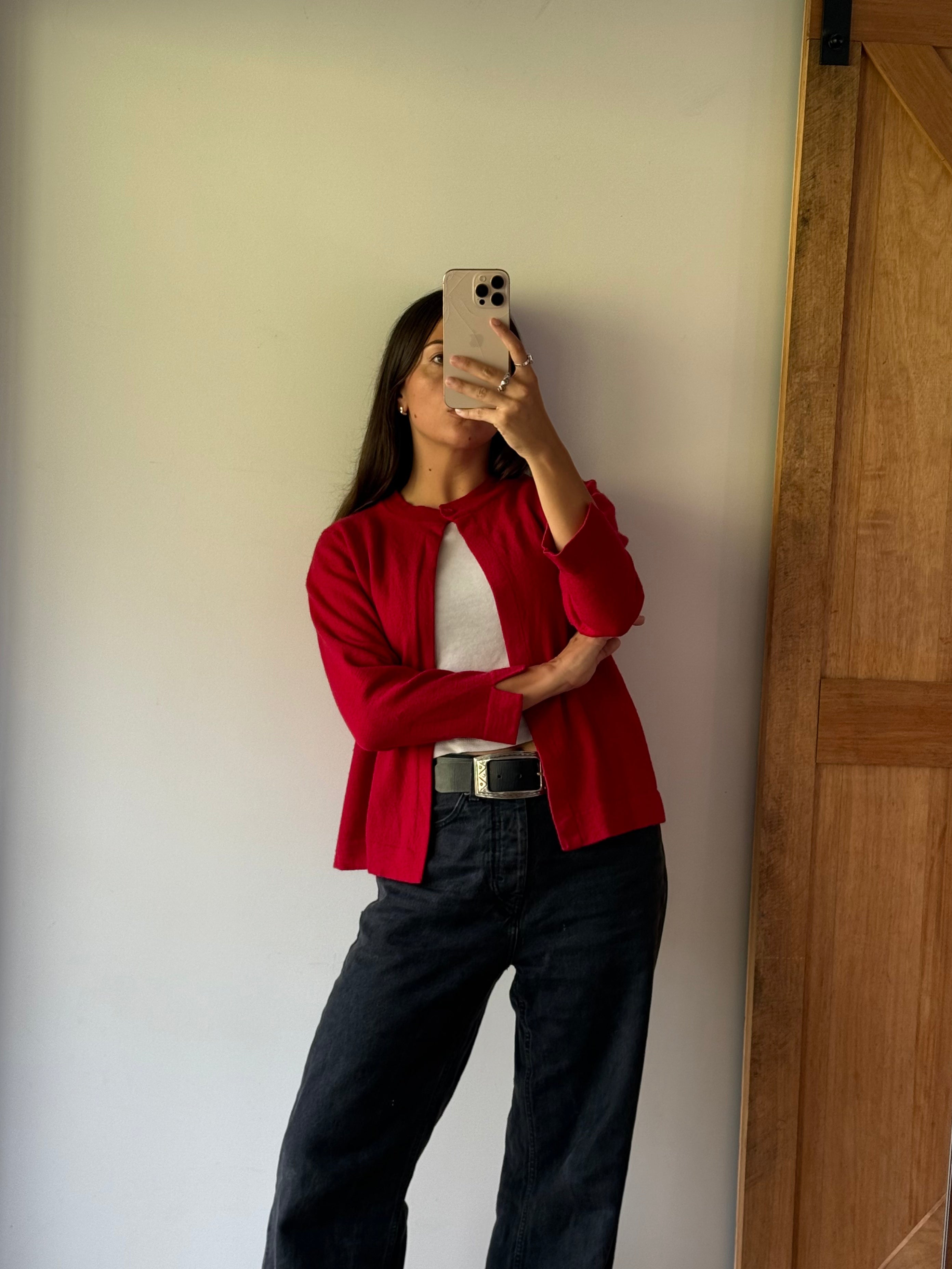 Cute red merino cardy, made in Aotearoa