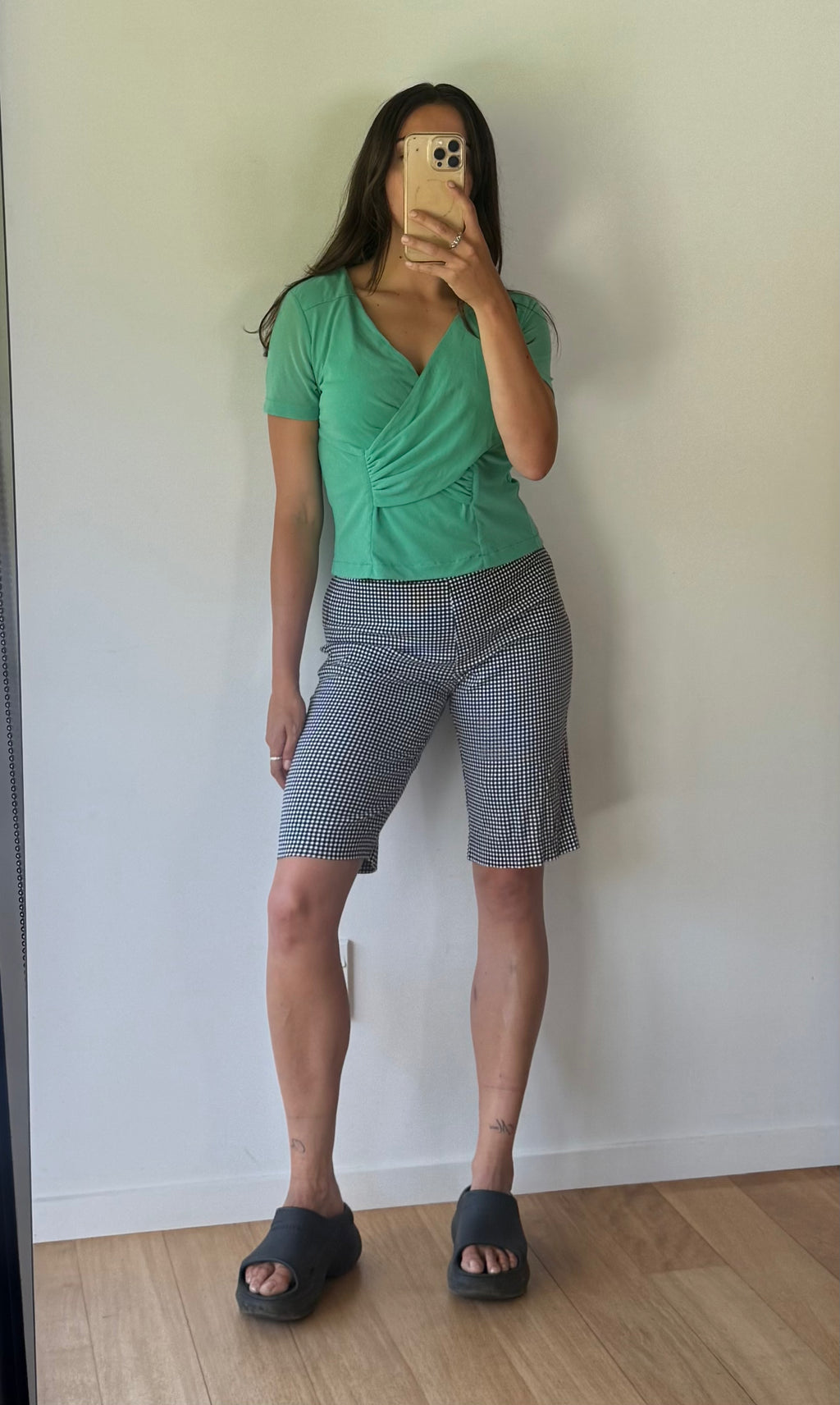 Green top with wrap detail