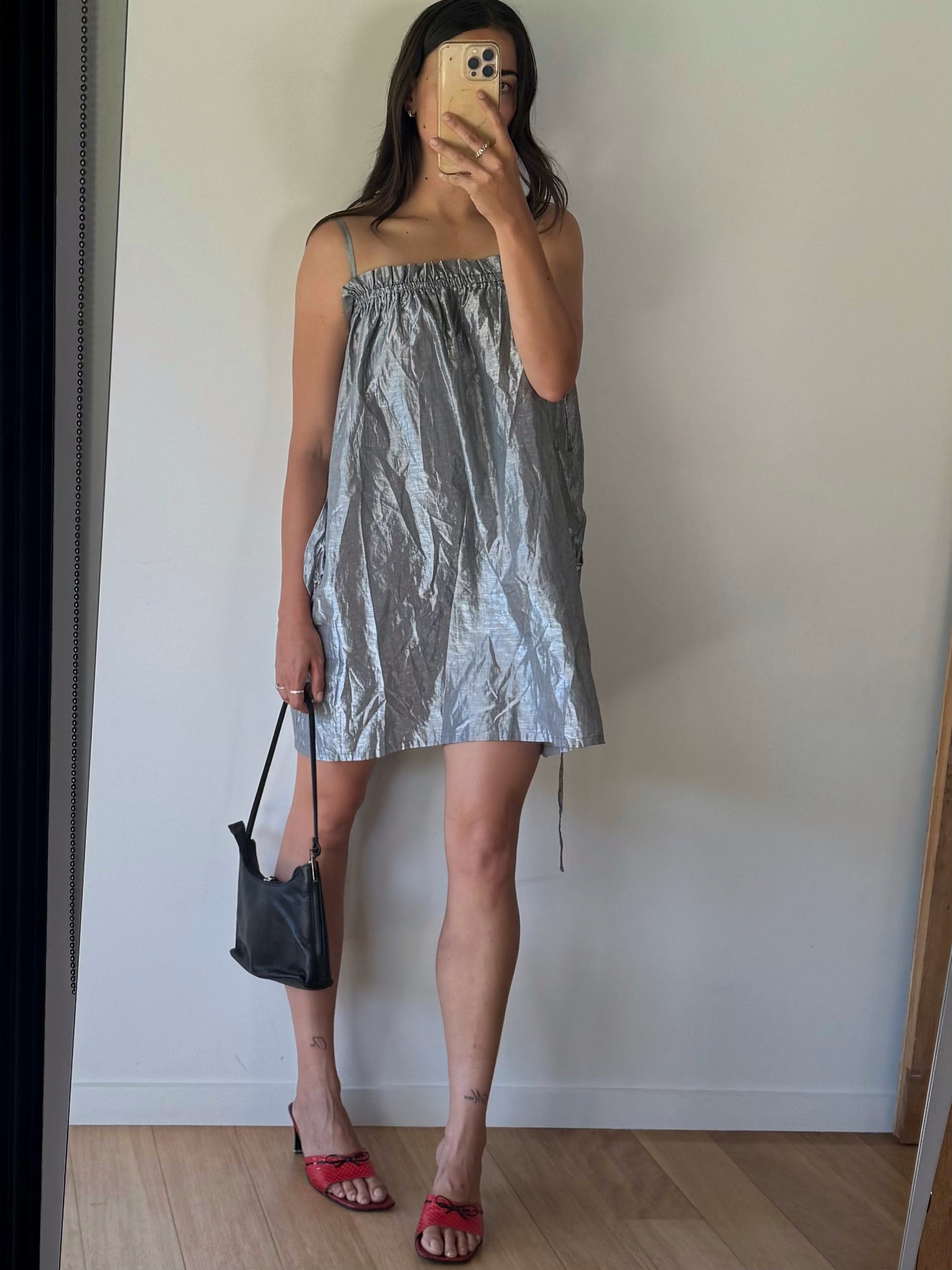 Silver mini dress, made in Aotearoa