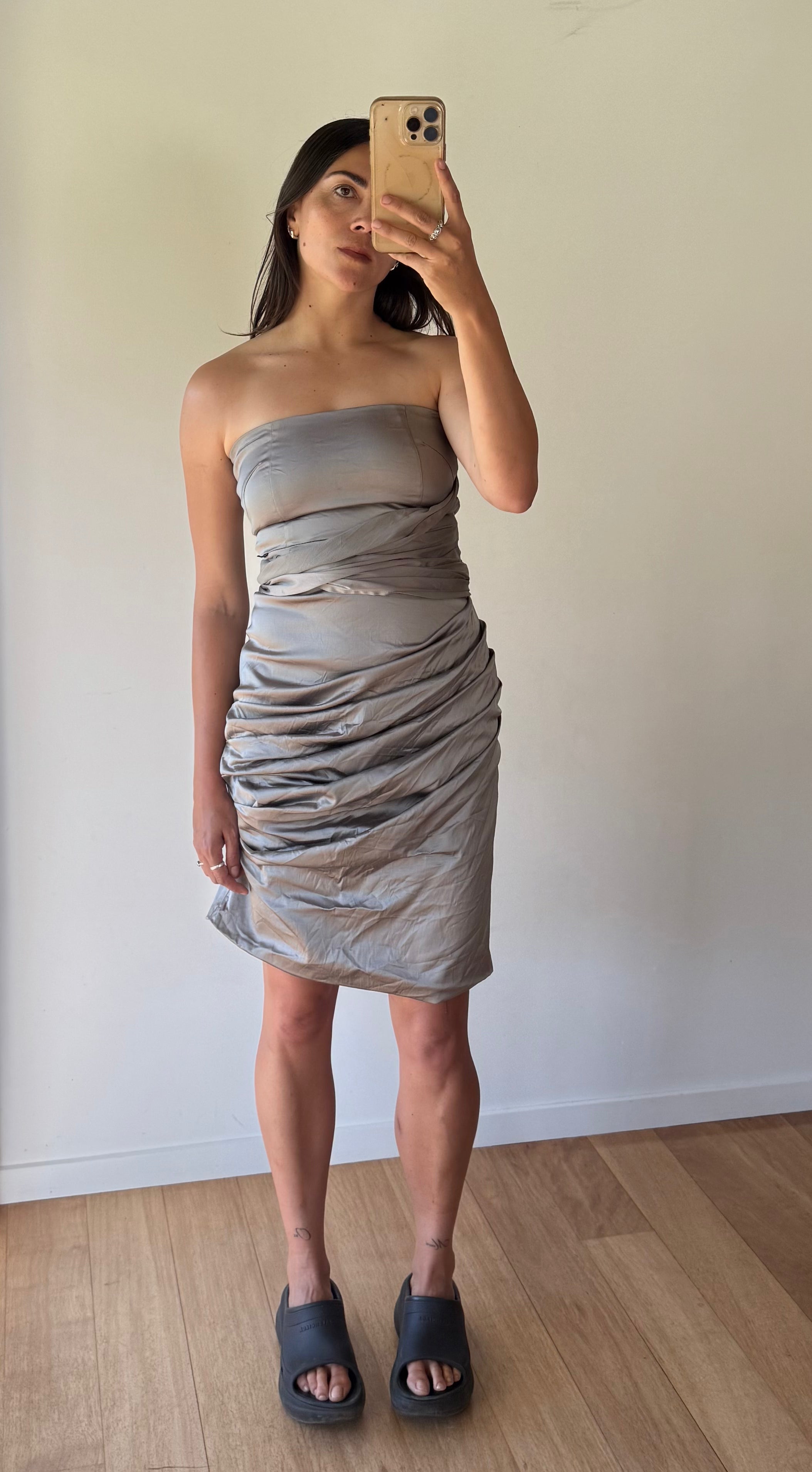 Silver NYE dress, made in Aotearoa