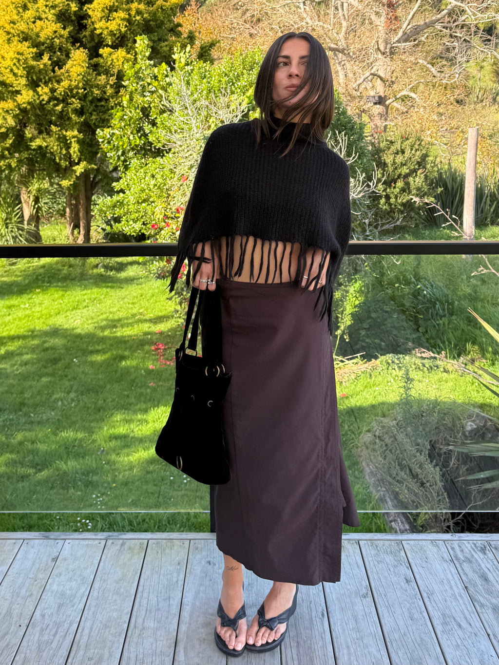 Black mohair blend poncho