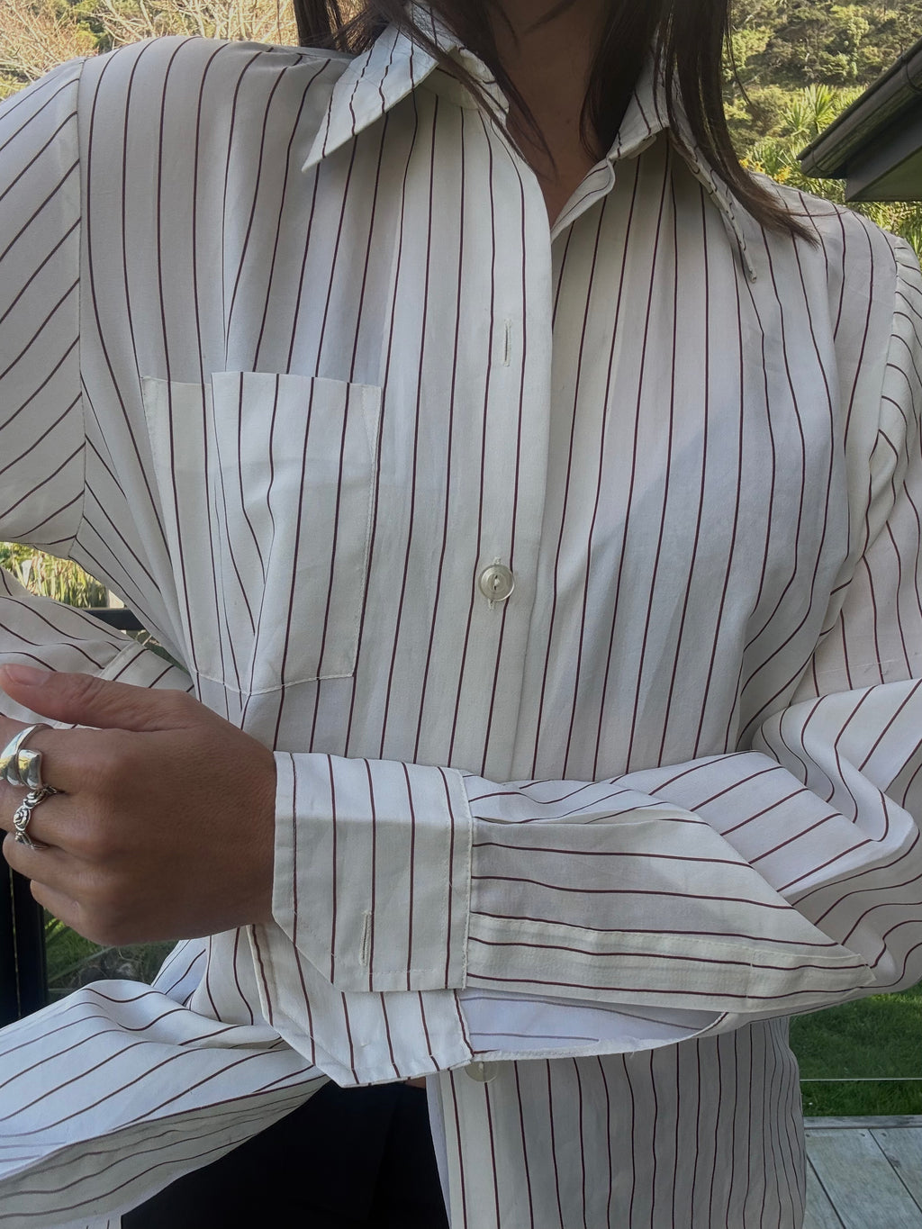 Vintage cream and brown stripe button up shirt