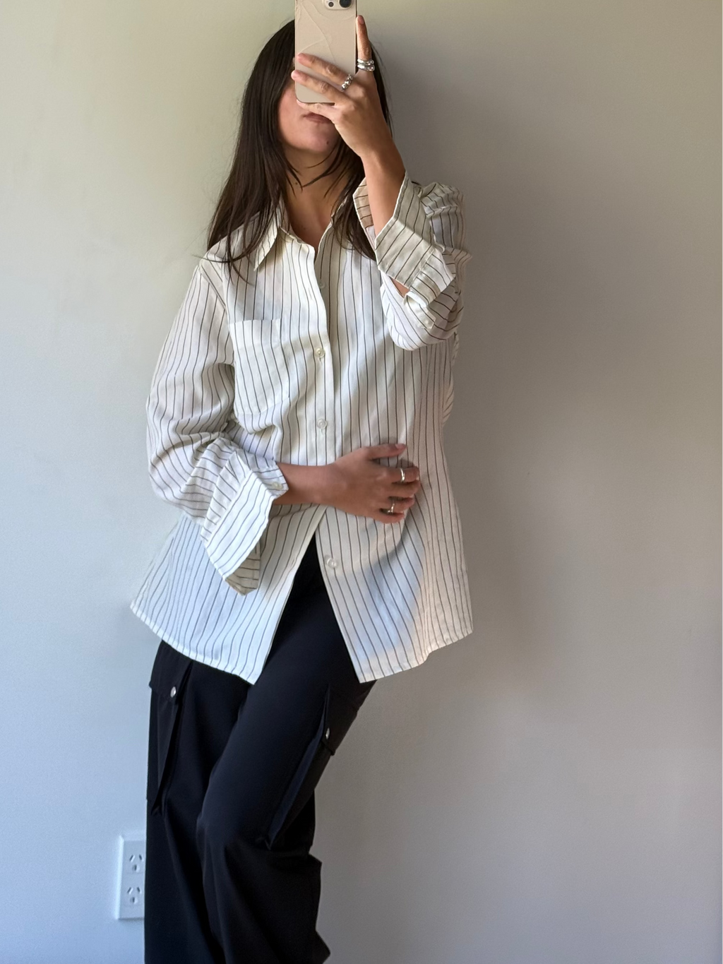 Vintage cream and brown stripe button up shirt
