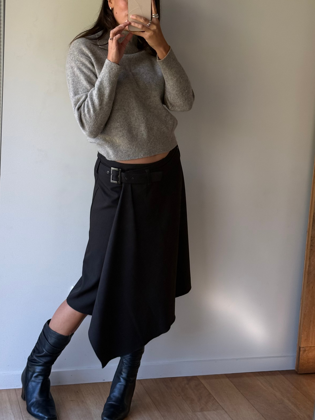 Asymmetric wrap skirt