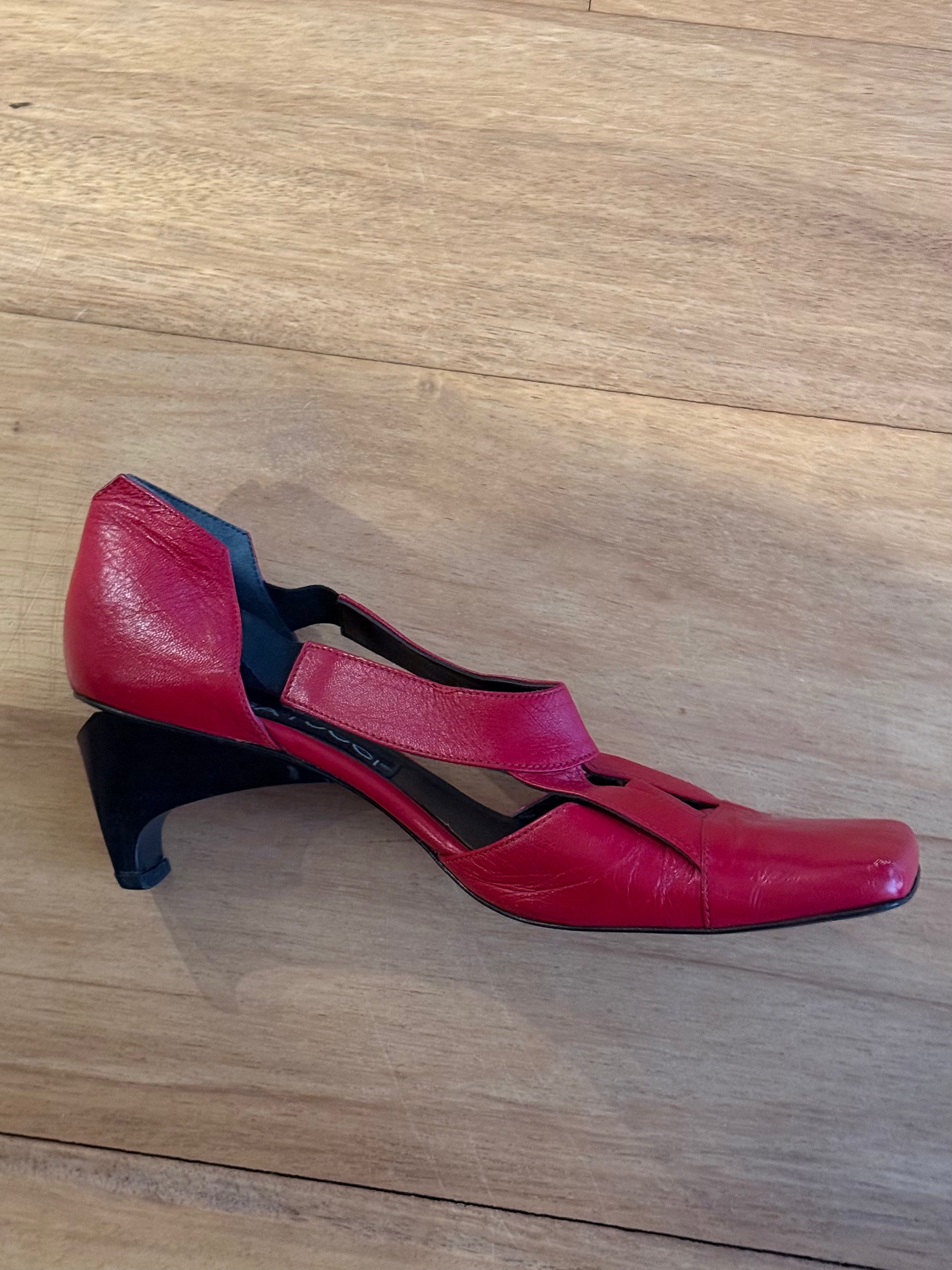 Red leather square toe heels