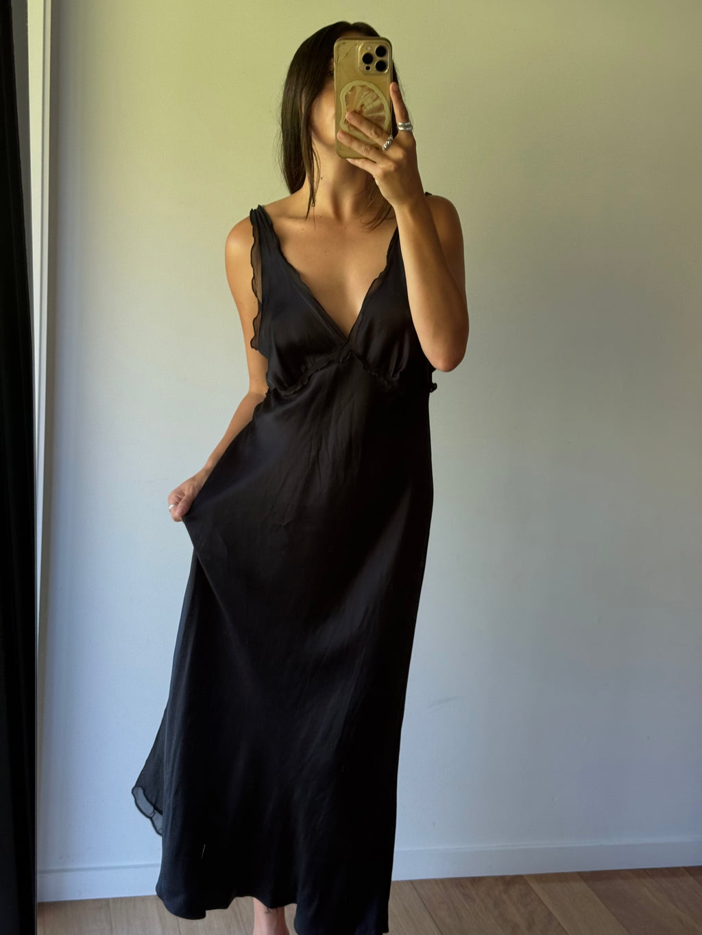 Silky black maxi slip with sheer trim