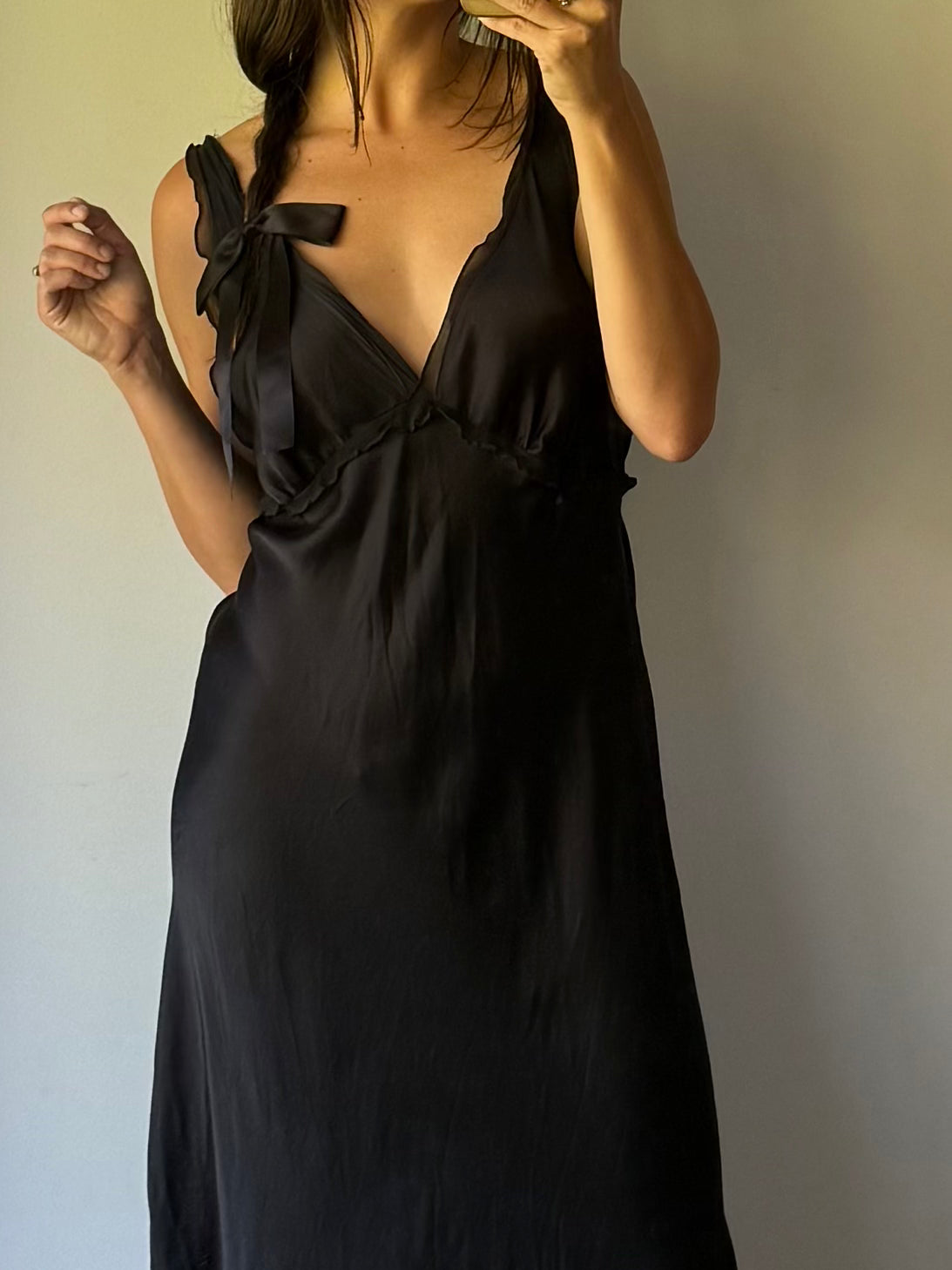 Silky black maxi slip with sheer trim