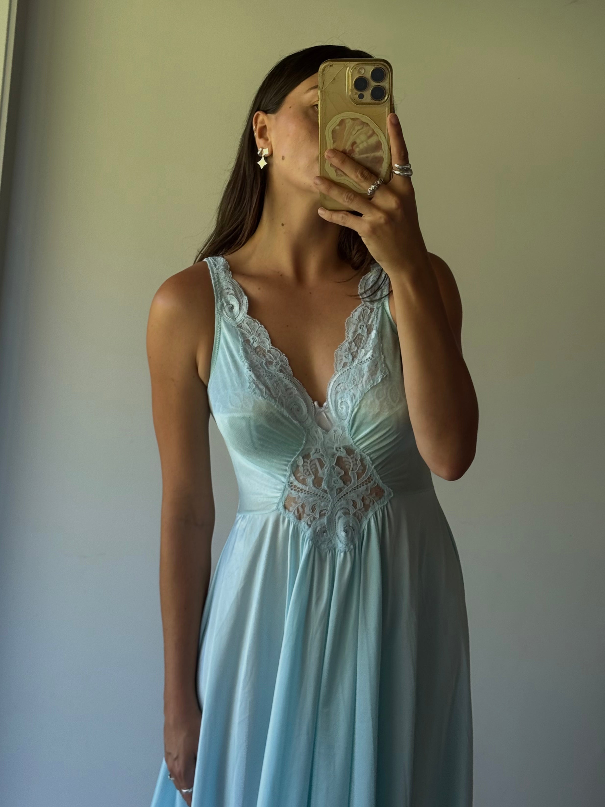 Vintage 1980s nightgown with lace bodice, aqua