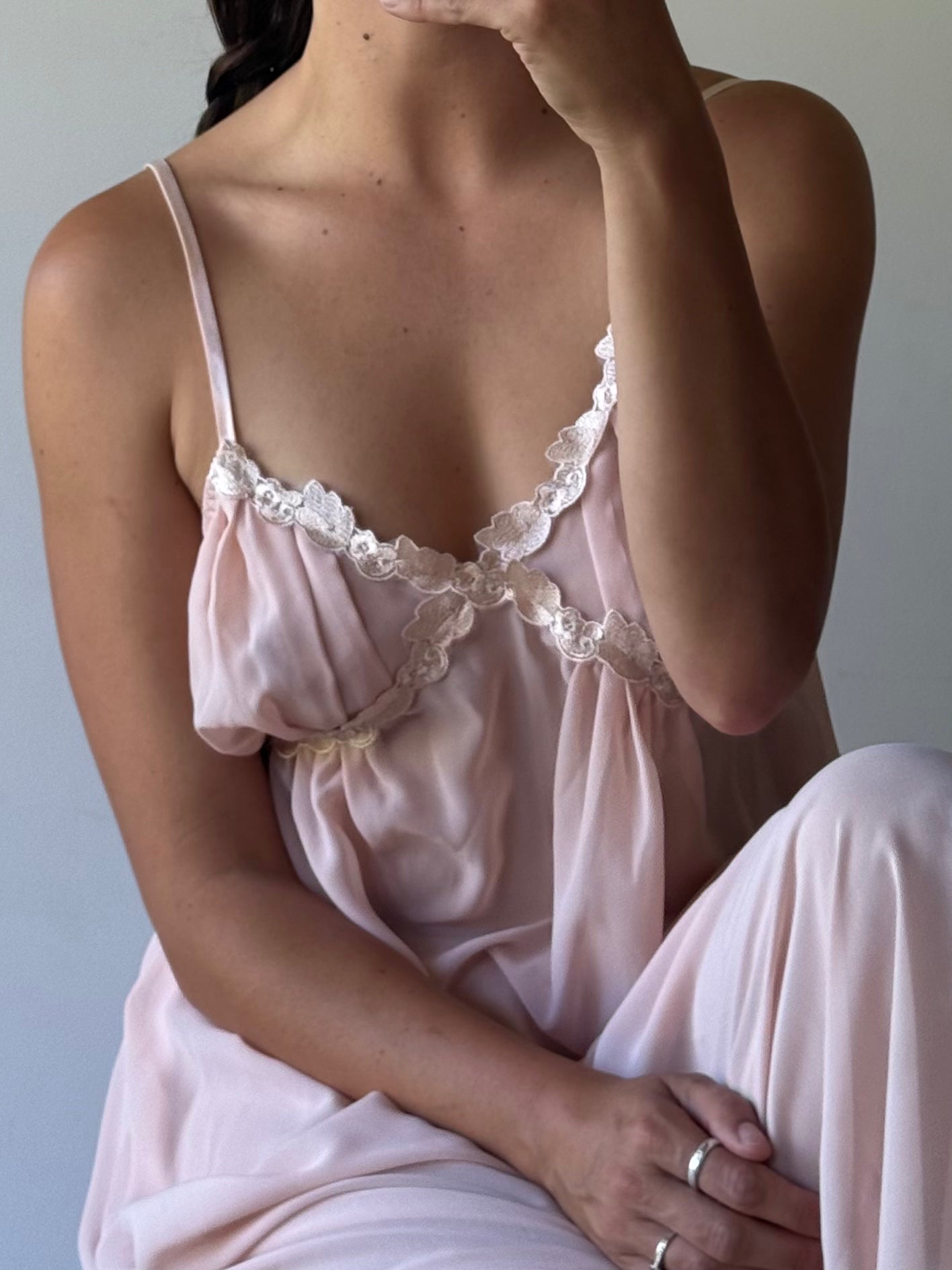 Sheer dusty pink slip with leaf detail