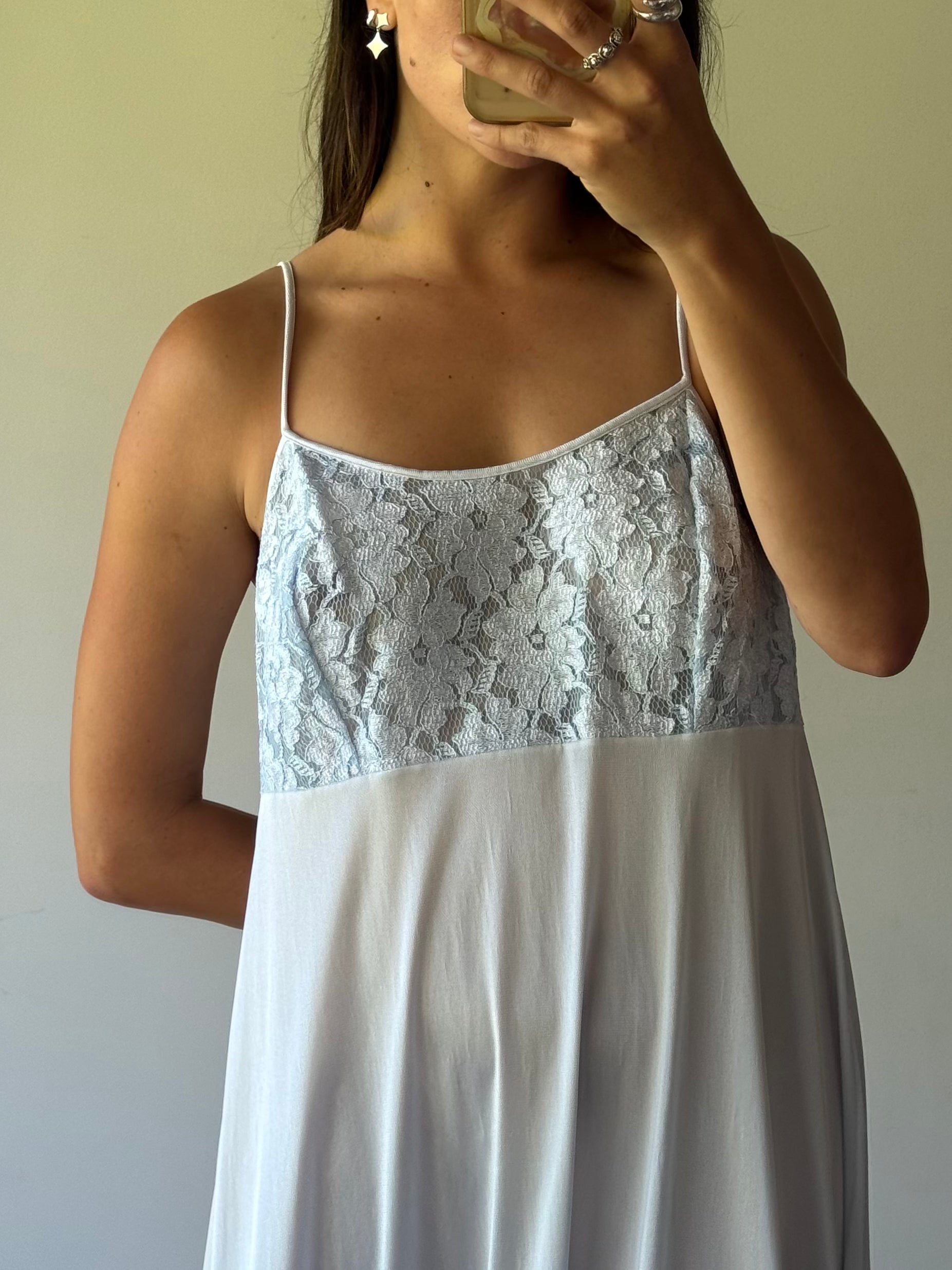 Powder blue maxi slip with sheer lace bodice
