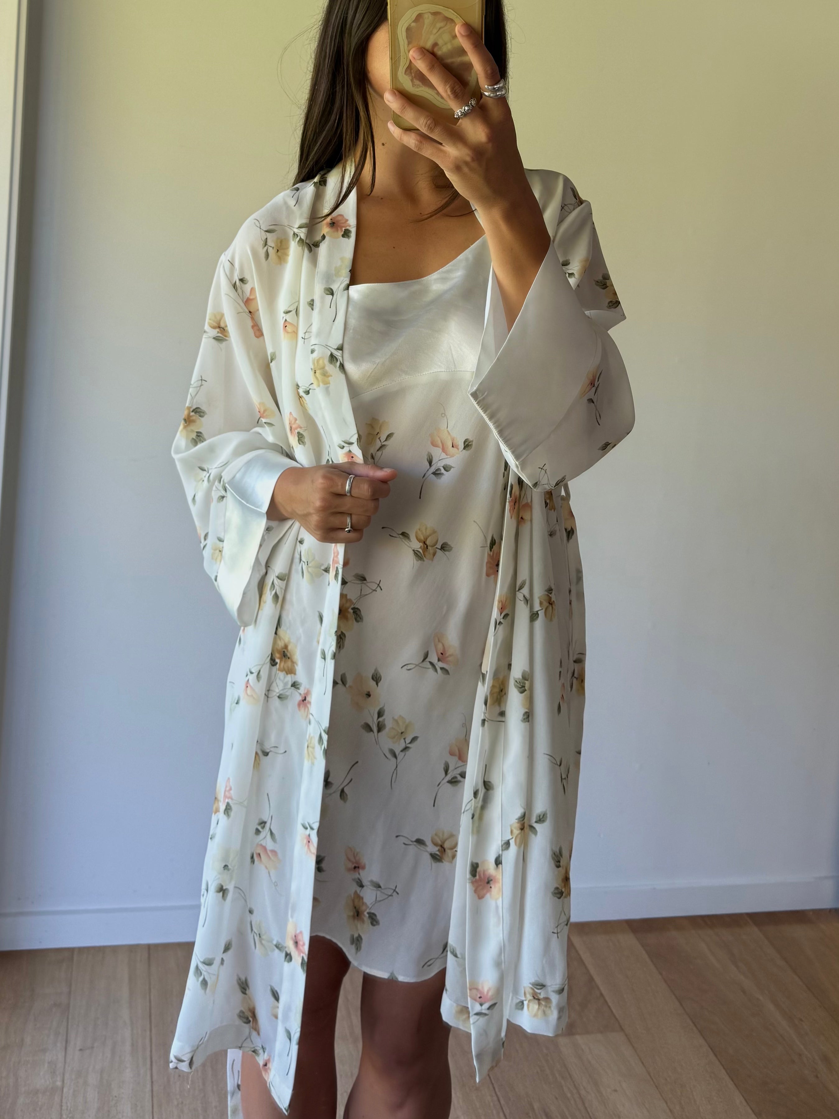 90s floral cream robe and nightgown ensemble