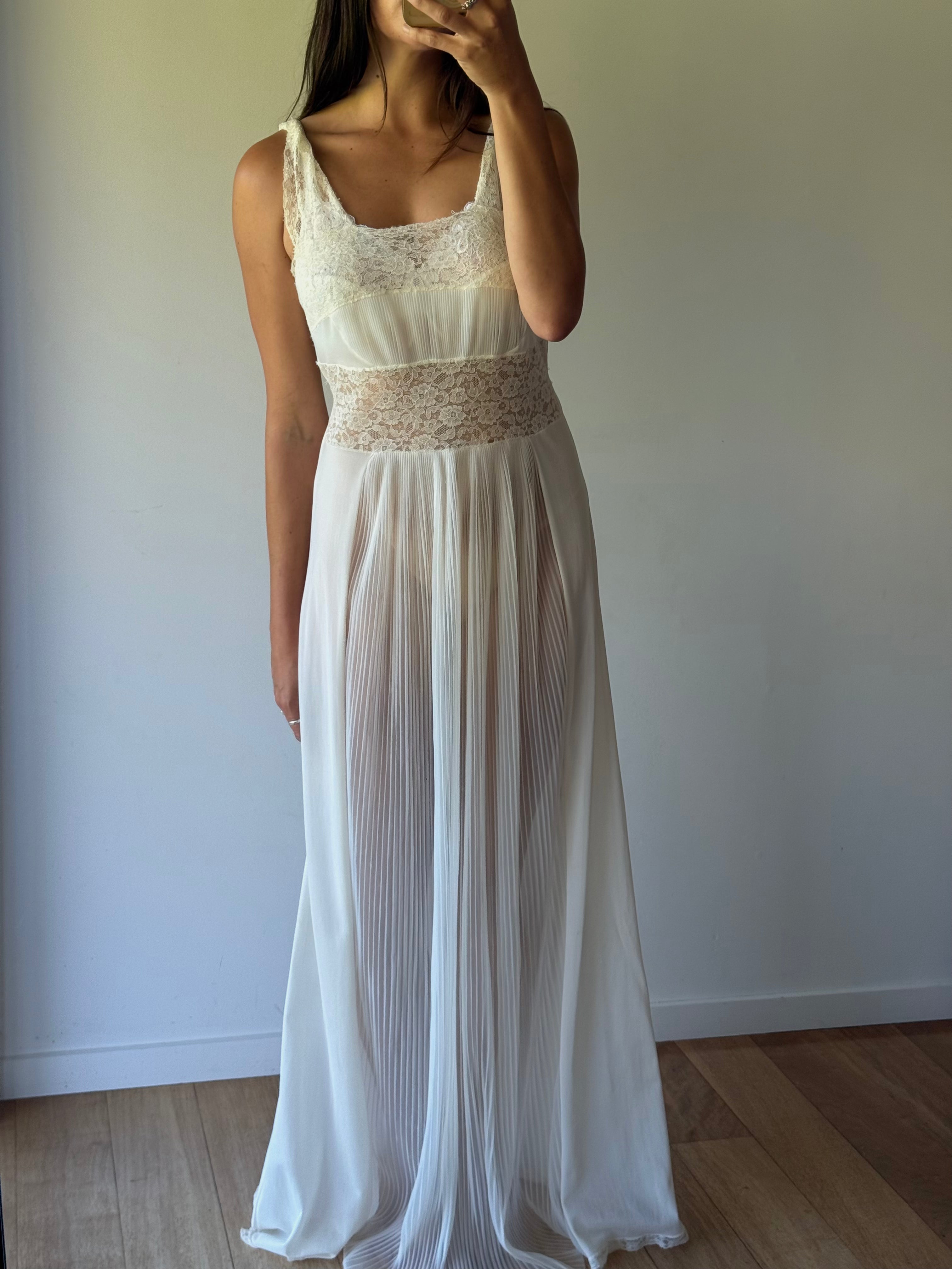 Vintage negligee with lace detail and sheer pleats
