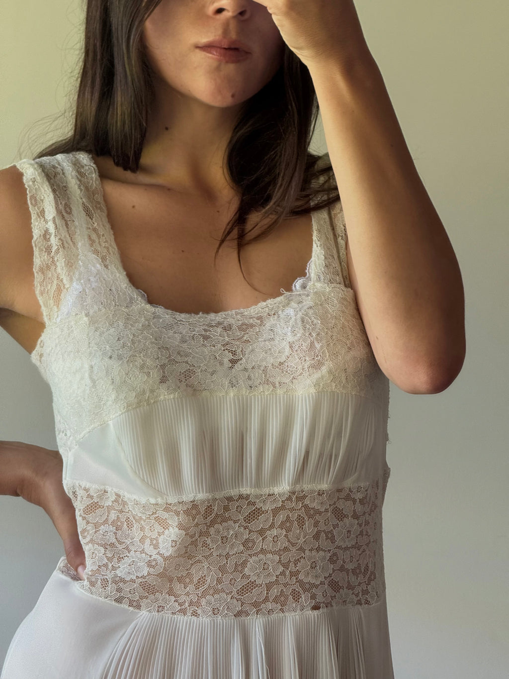 Vintage negligee with lace detail and sheer pleats