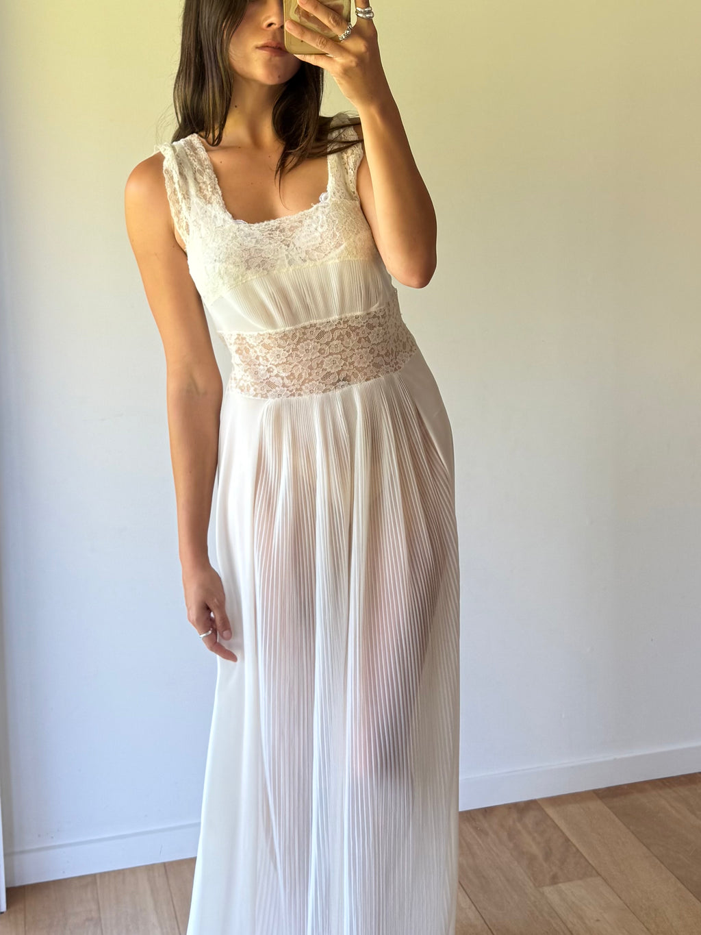 Vintage negligee with lace detail and sheer pleats