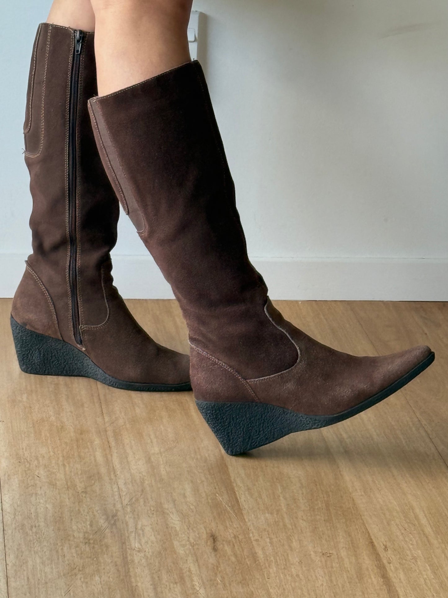 Brown suede wedge boots