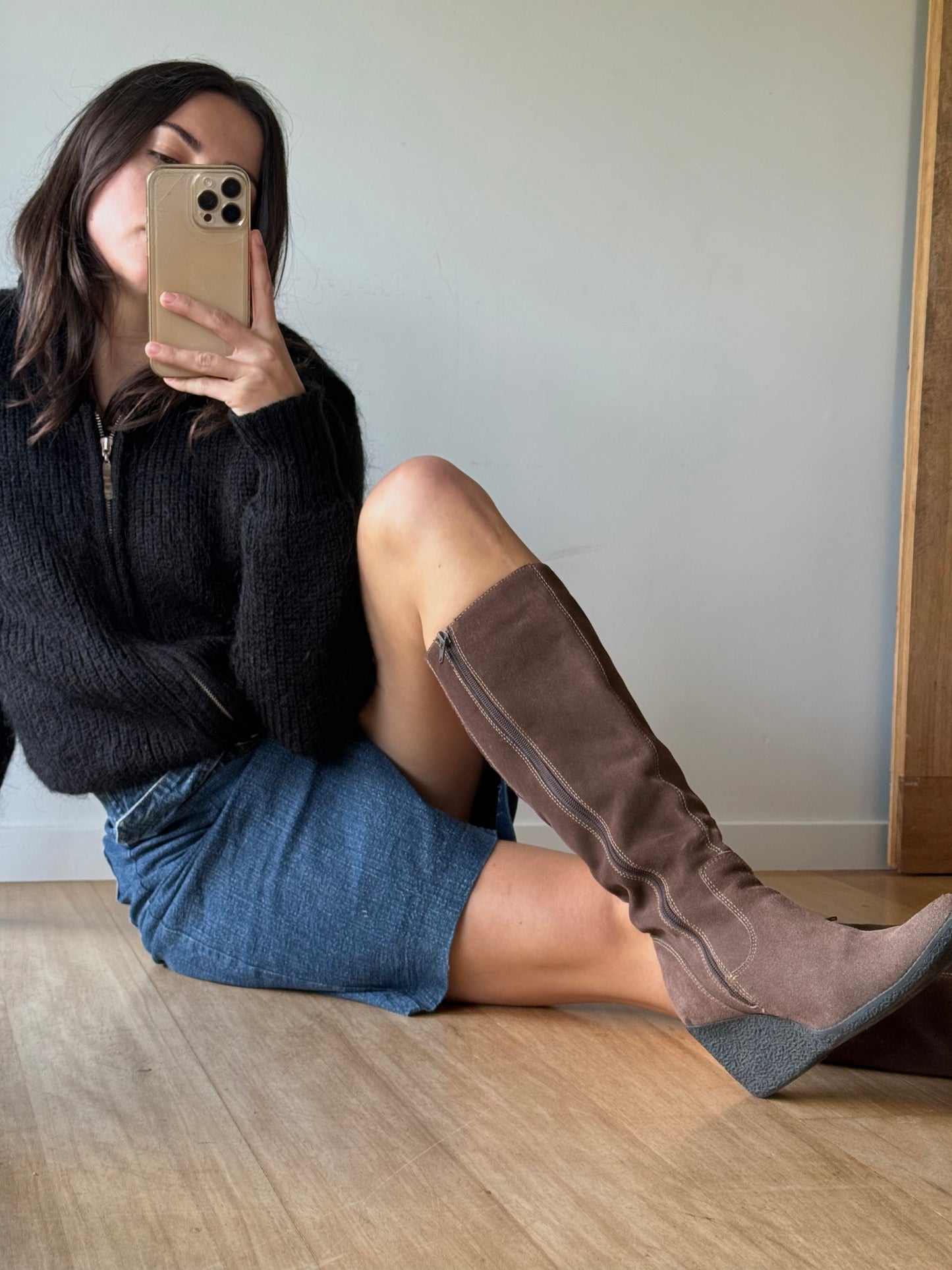 Brown suede wedge boots