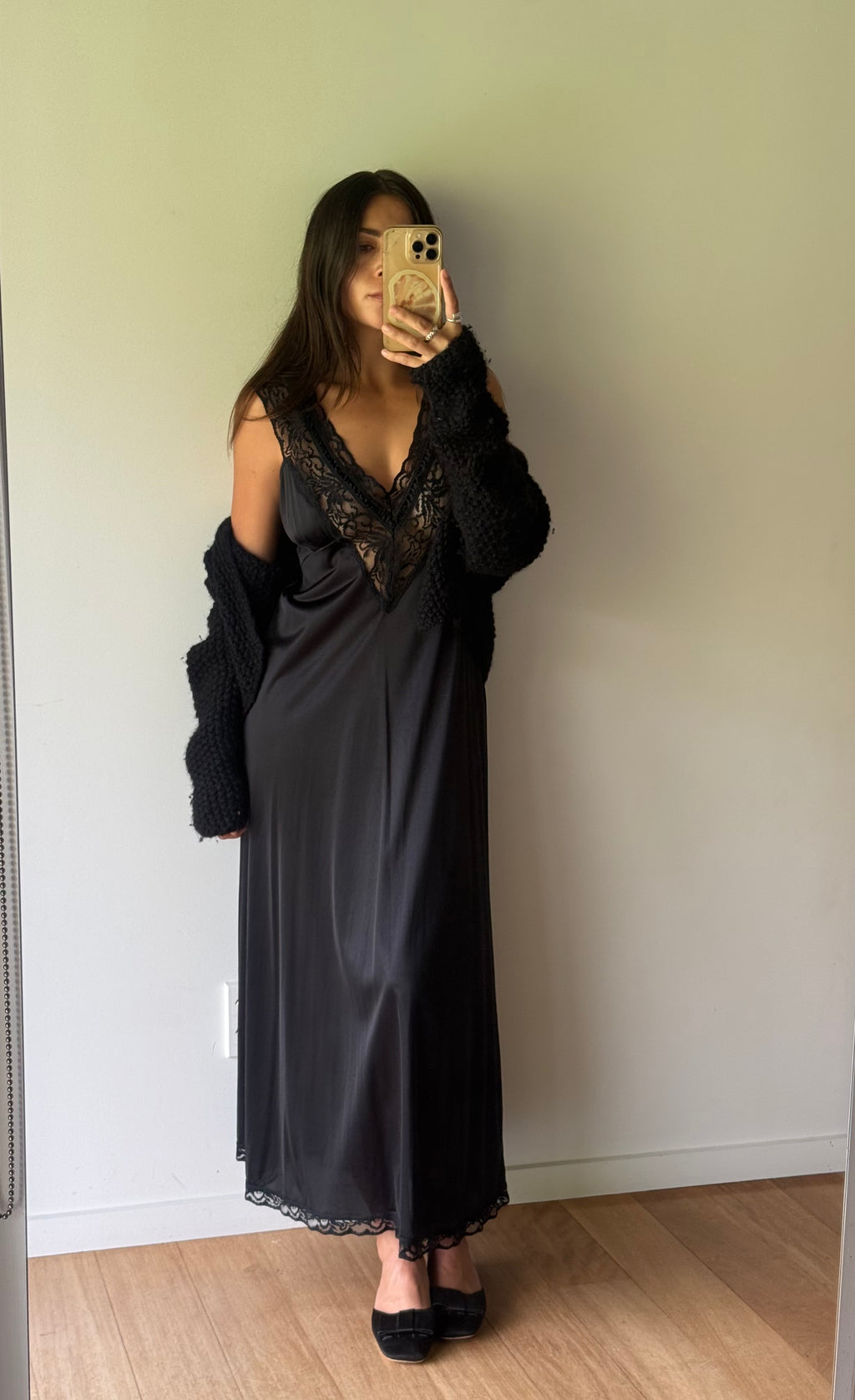 Black nightgown with lace bodice and trim