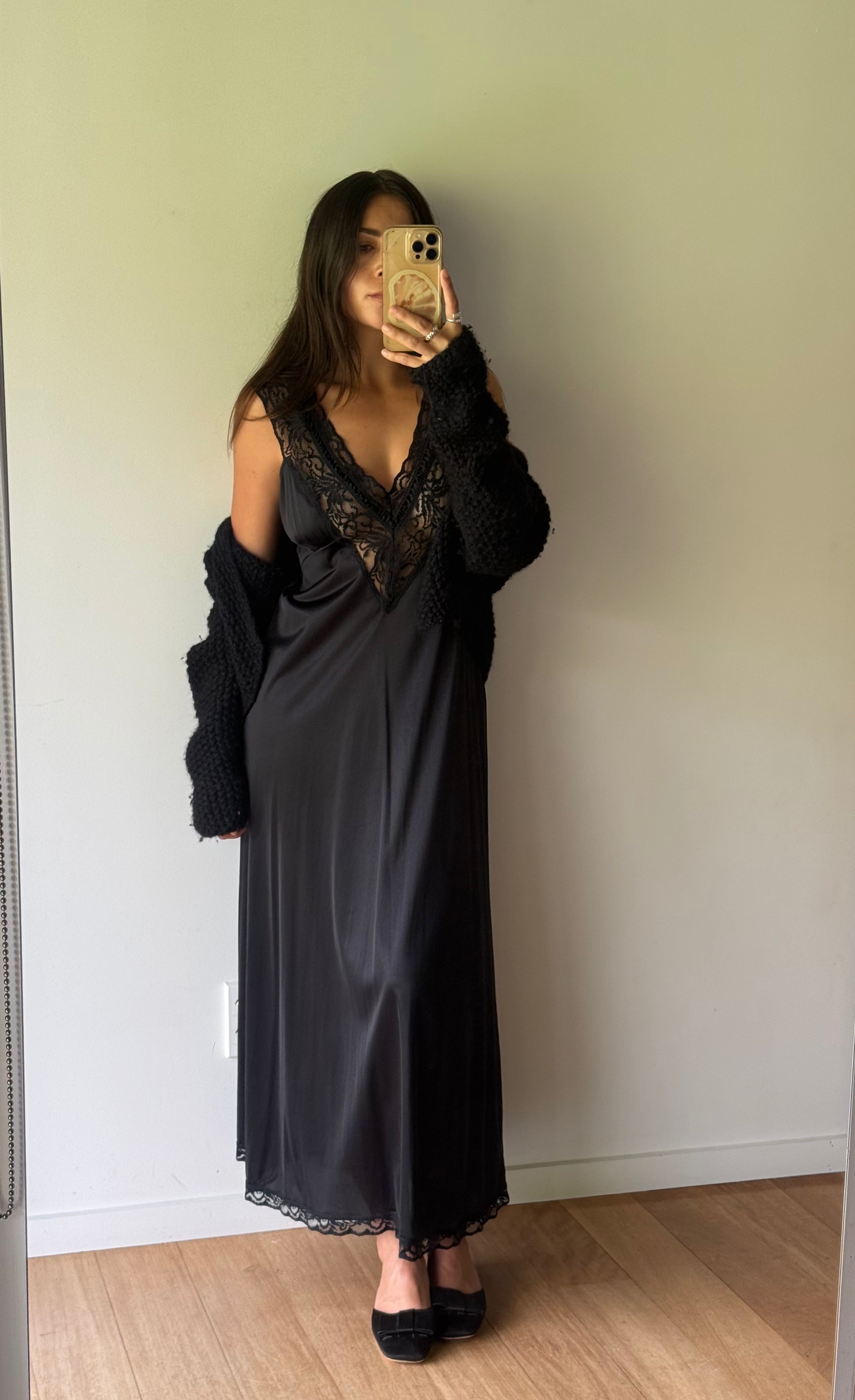 Black nightgown with lace bodice and trim