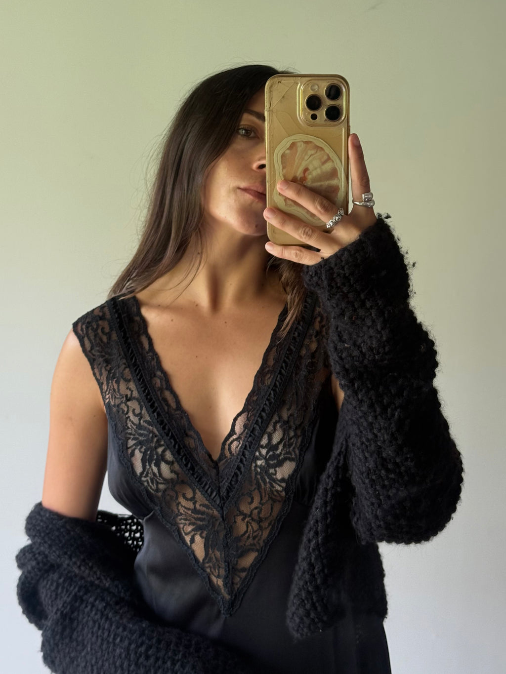 Black nightgown with lace bodice and trim