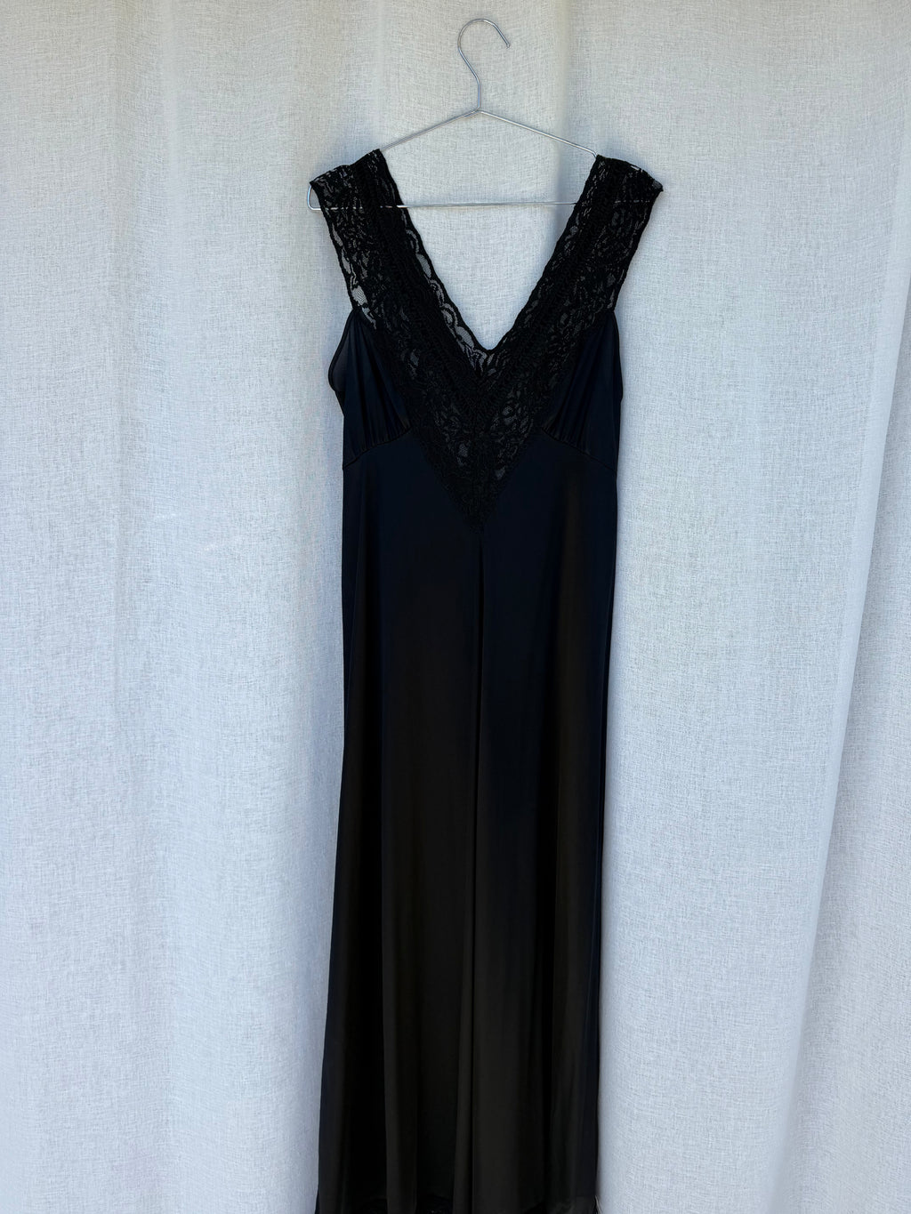 Black nightgown with lace bodice and trim
