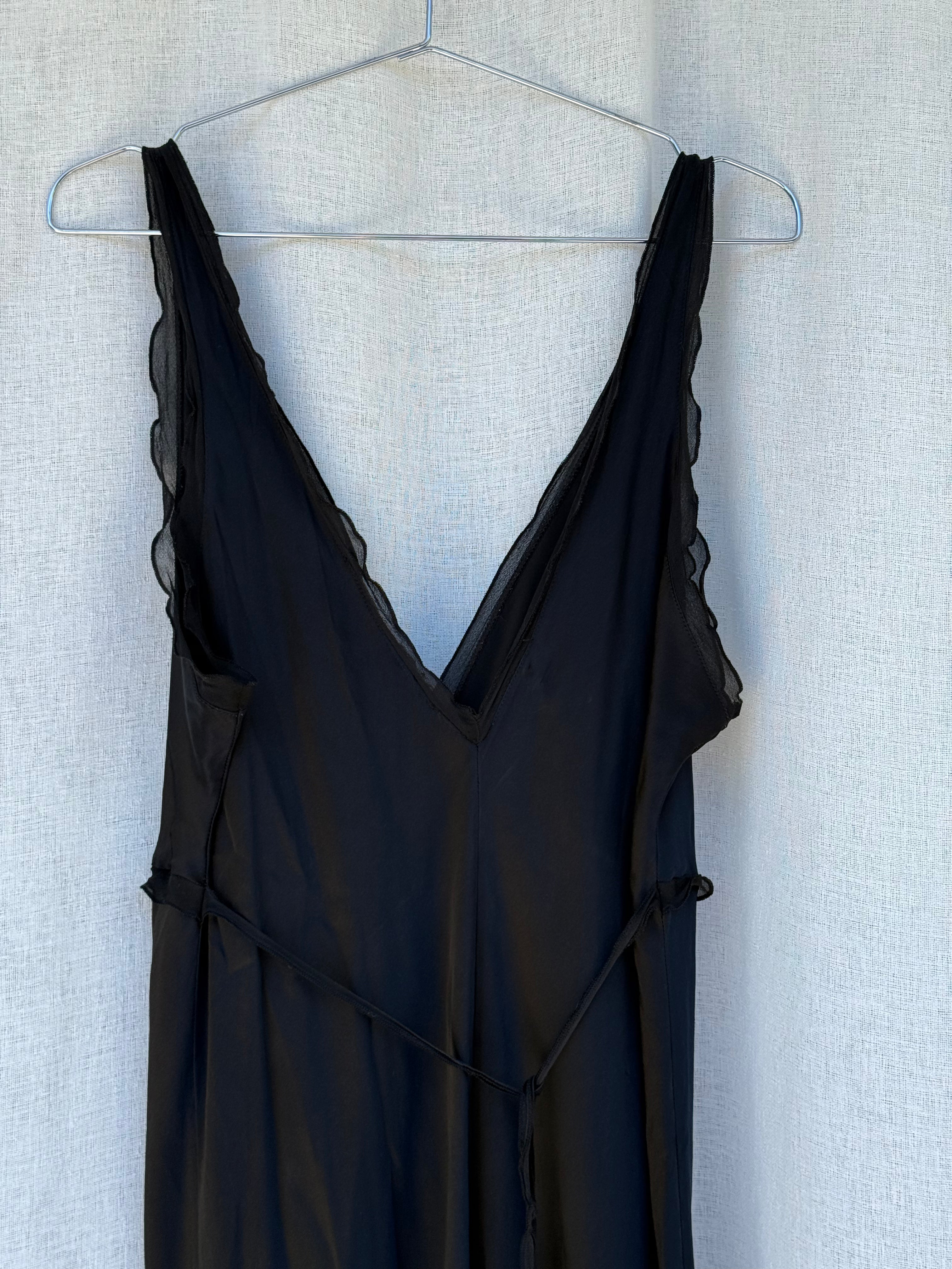 Silky black maxi slip with sheer trim