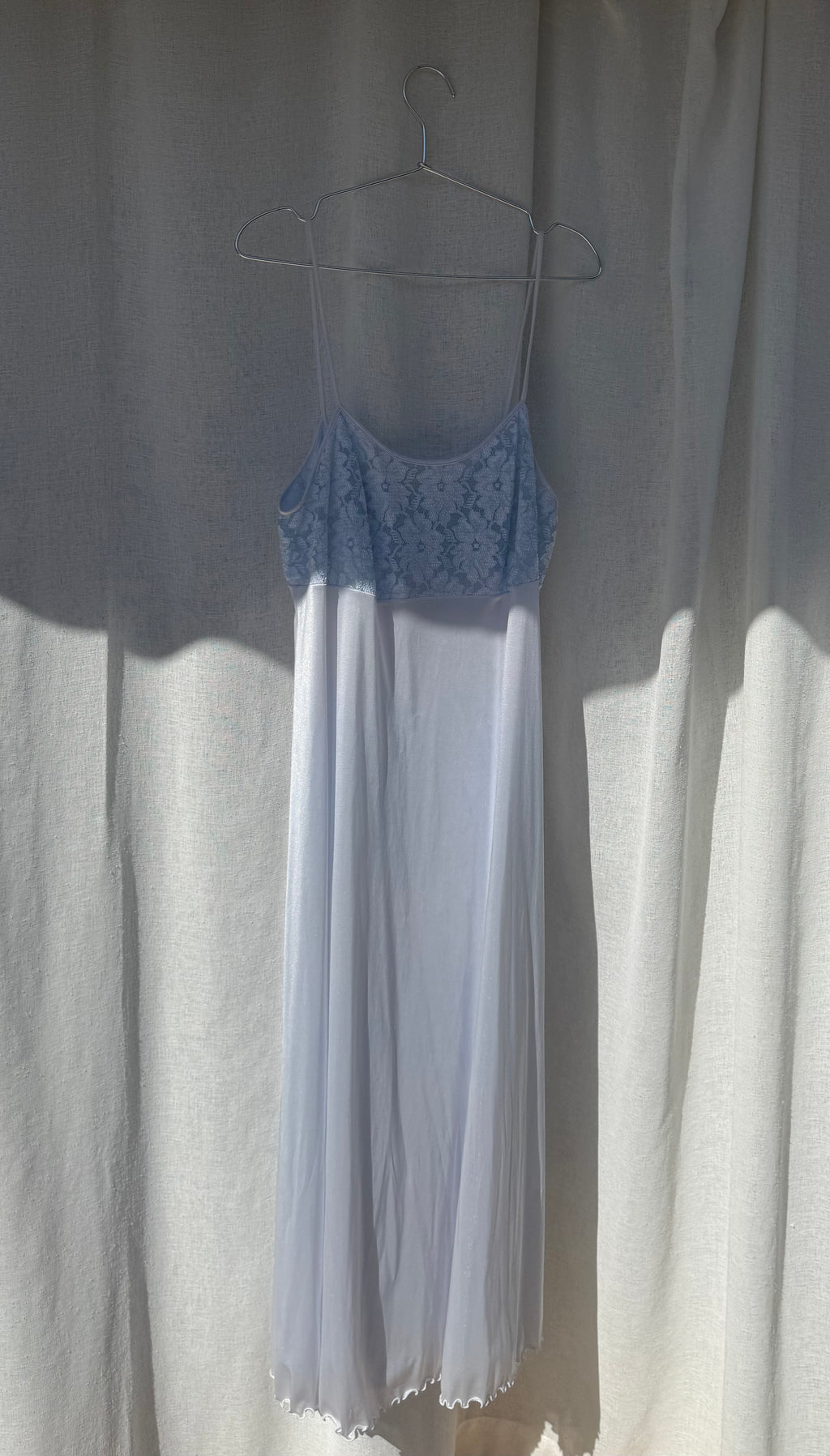 Powder blue maxi slip with sheer lace bodice