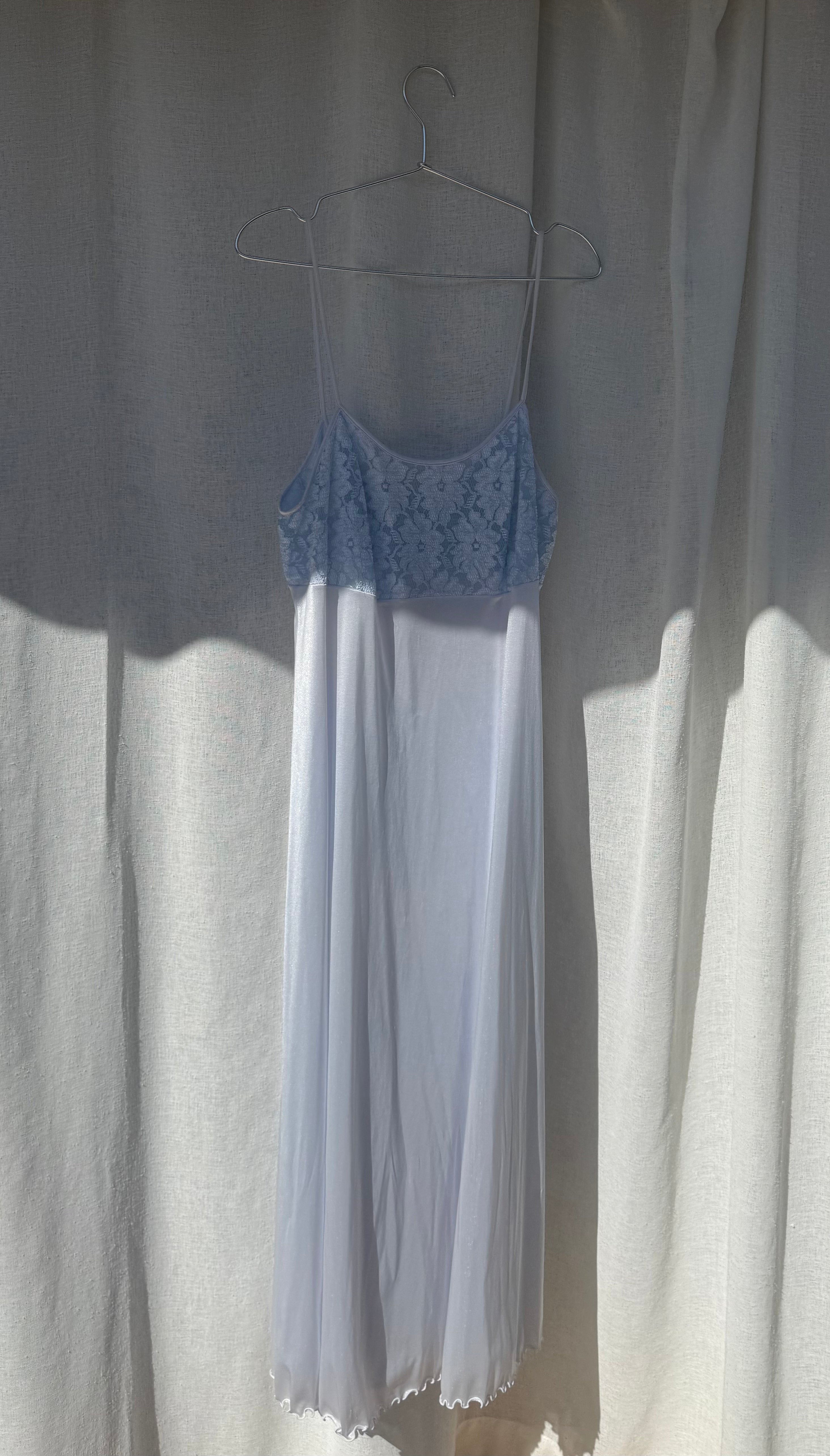 Powder blue maxi slip with sheer lace bodice